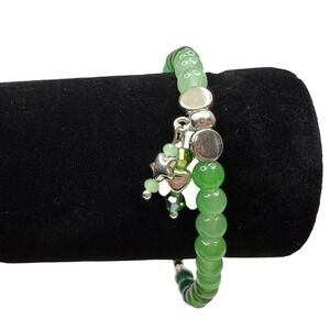Green Glass Beaded Swarovski Crystals Charm Bracelet Silver Accents Jewelry